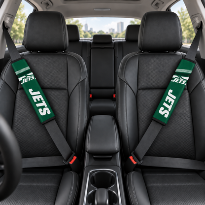 New York Jets car seat belt covers shown on two front seat belts