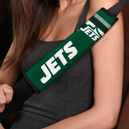 Close-up of New York Jets shoulder strap cover worn on a car seat belt