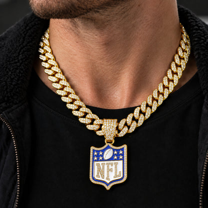 NFL Shield gold-tone rhinestone Cuban-link necklace, worn view