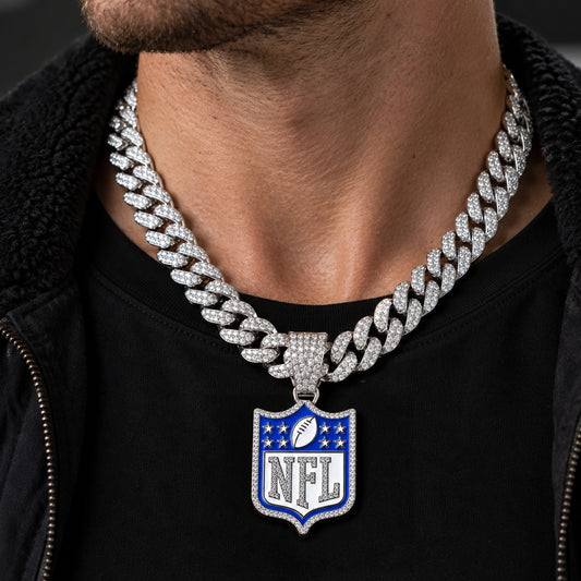 NFL Shield silver-tone rhinestone Cuban-link necklace, worn view