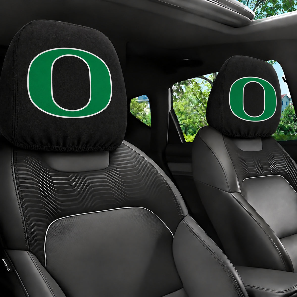 Oregon Ducks car headrest cover, Style 1 team design, installed in car