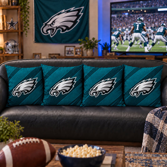 Matching Philadelphia Eagles sofa cushion covers shown in a living-room styling example