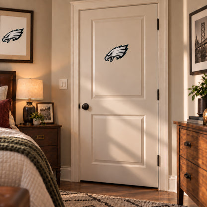 Philadelphia Eagles decorative sticker on an interior door, corrected 29 cm proportion