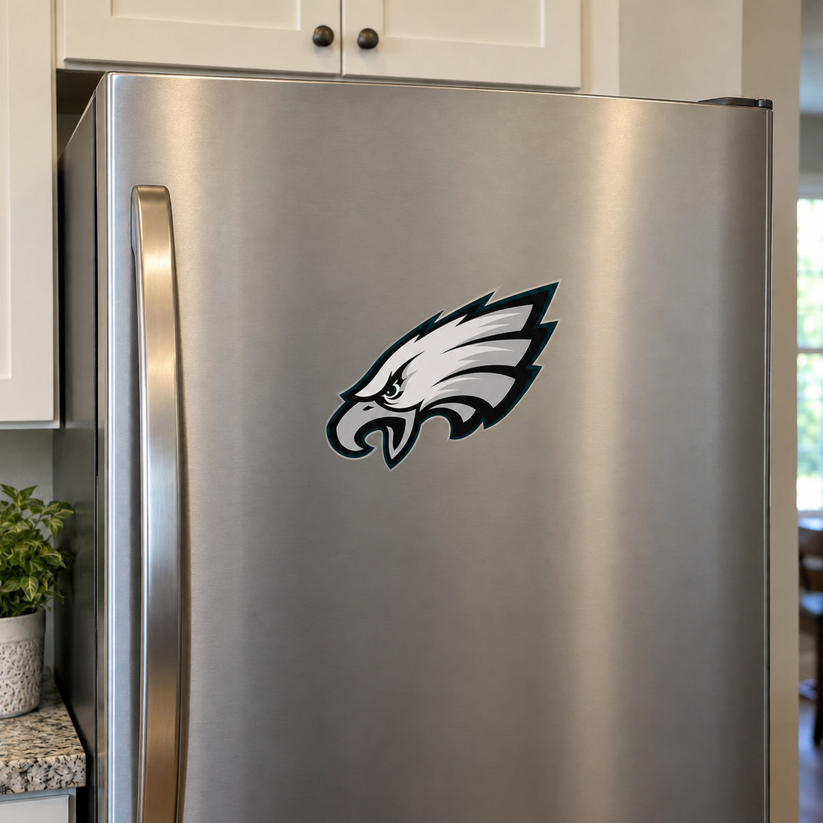 Philadelphia Eagles decorative sticker displayed on a stainless-steel refrigerator
