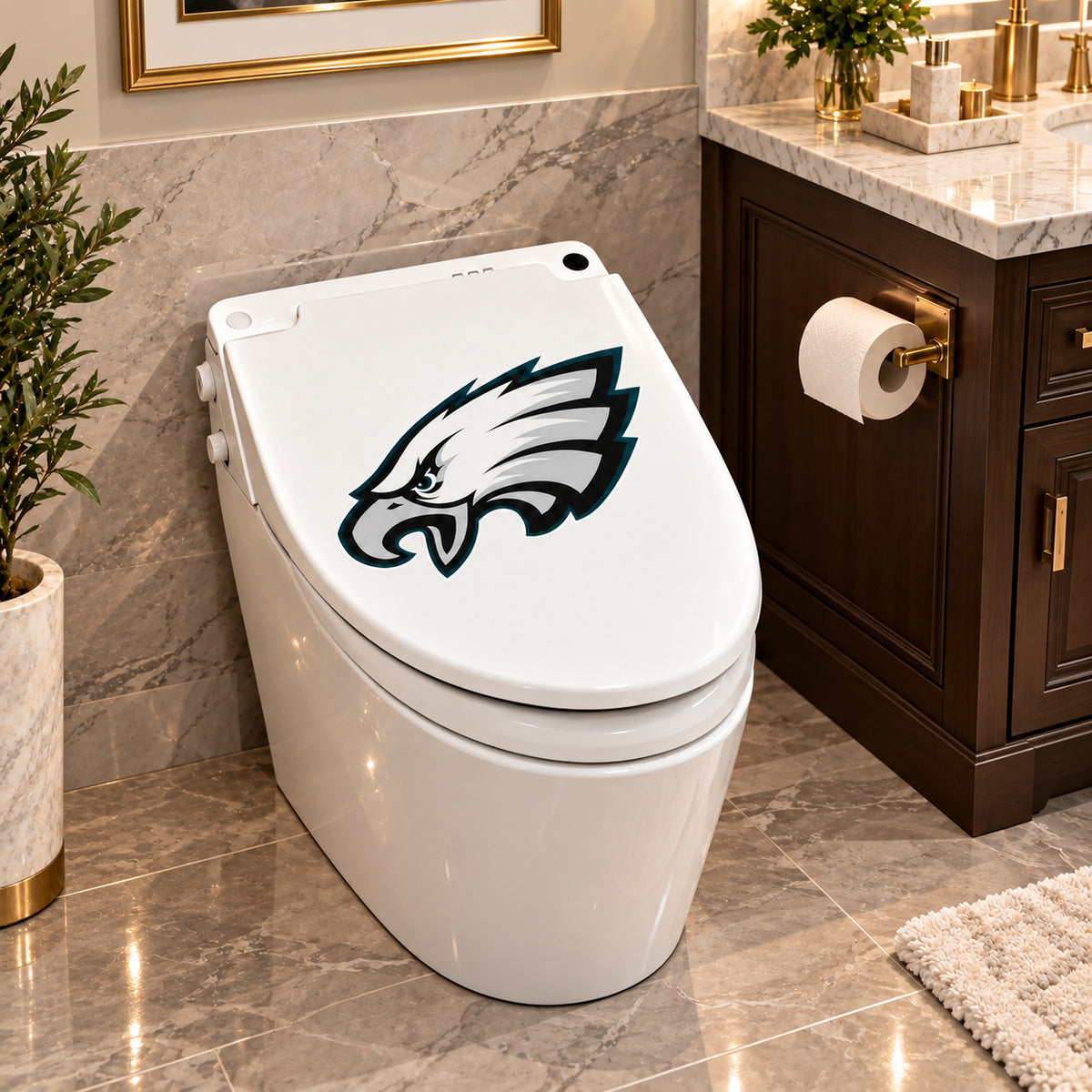 Philadelphia Eagles decorative sticker on a closed white toilet lid in a marble bathroom