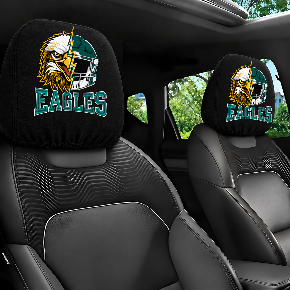 Philadelphia Eagles car headrest cover, Style 2 illustrated mascot design, installed in car
