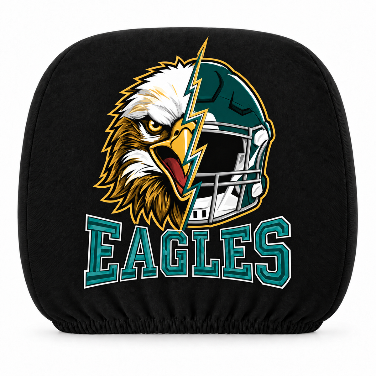 Philadelphia Eagles car headrest cover, Style 2 illustrated mascot design, white background