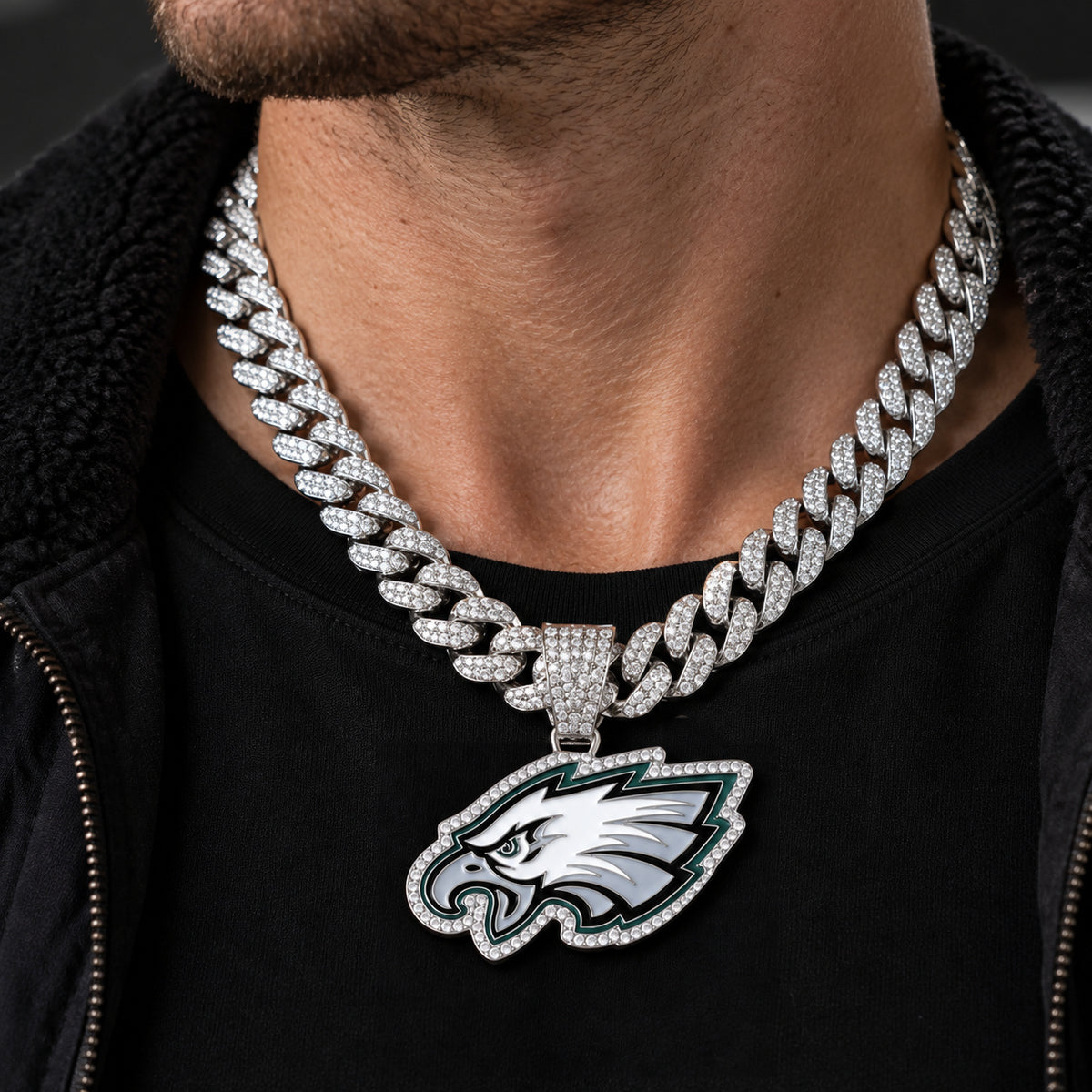 Philadelphia Eagles silver-tone rhinestone Cuban-link necklace, worn view