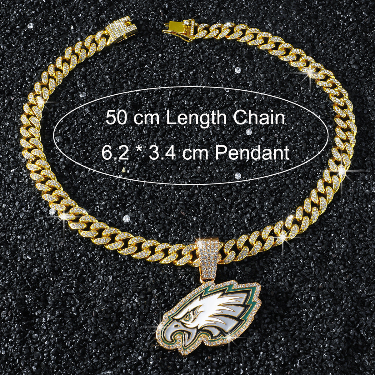 Philadelphia Eagles necklace size guide: 50 cm chain and 6.2 by 3.4 cm pendant