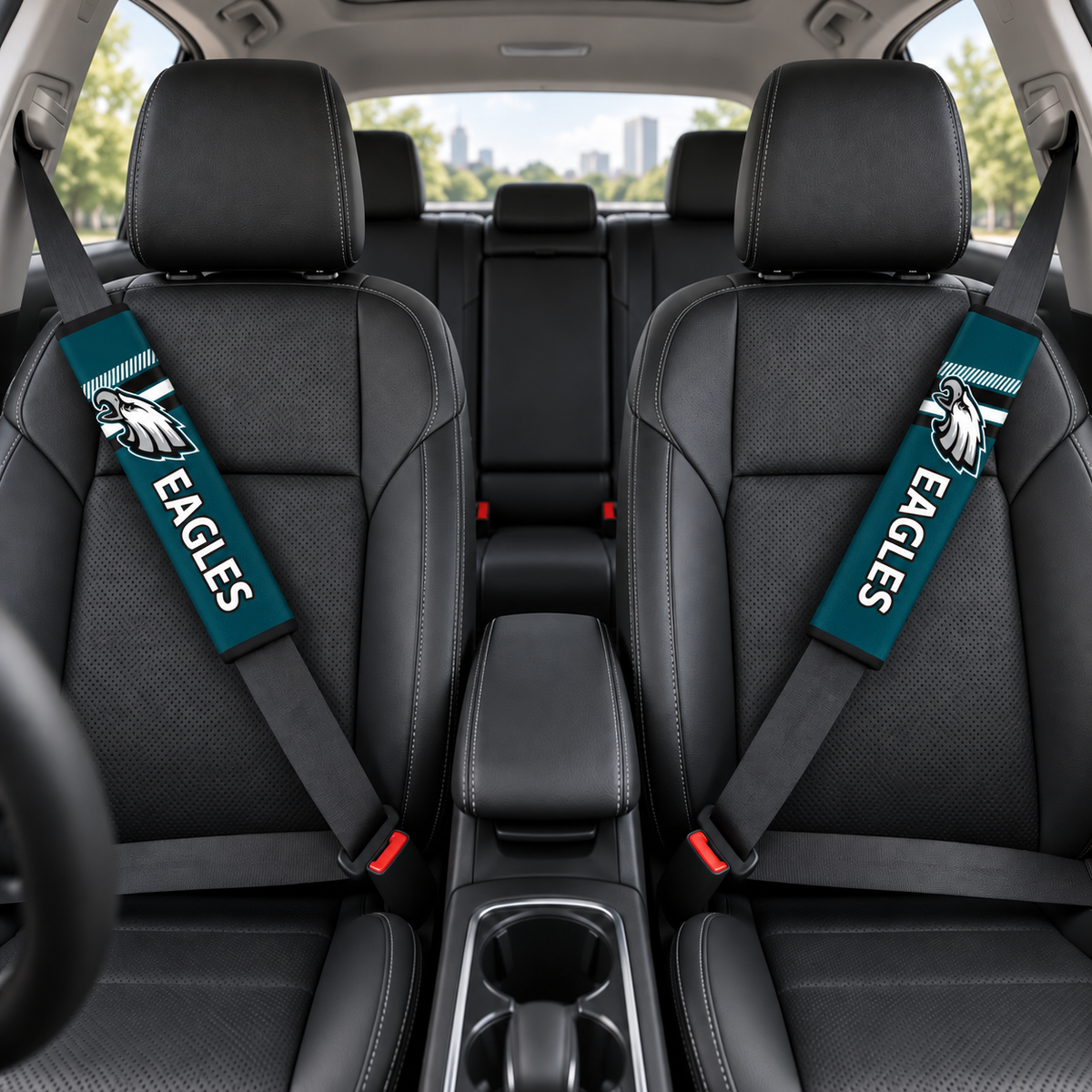 Philadelphia Eagles car seat belt covers shown on two front seat belts