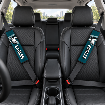 Philadelphia Eagles car seat belt covers shown on two front seat belts