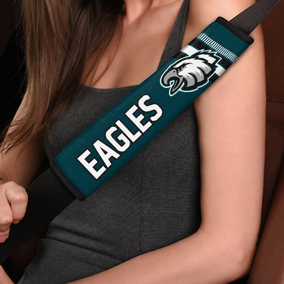 Close-up of Philadelphia Eagles shoulder strap cover worn on a car seat belt
