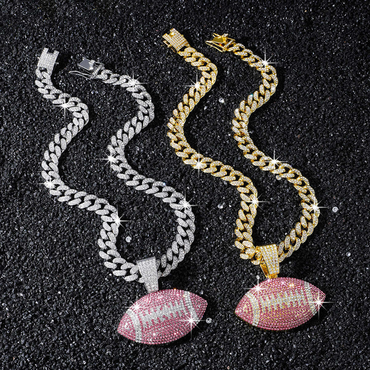 Pink American Football necklace two-color set: one silver-tone and one gold-tone necklace