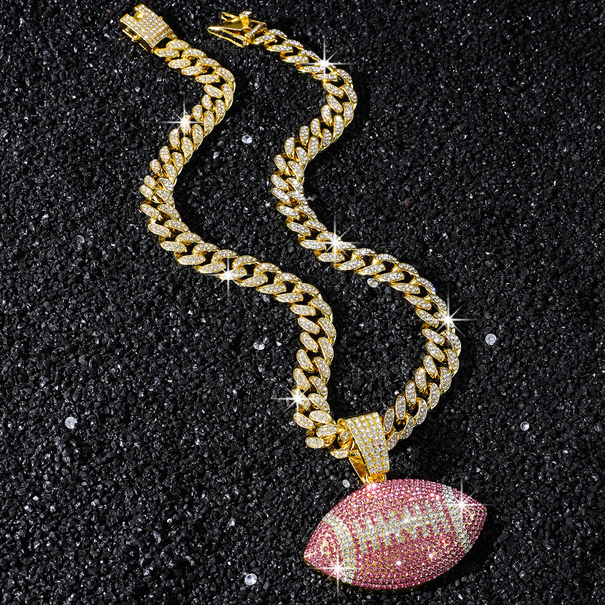 Pink American Football gold-tone rhinestone necklace