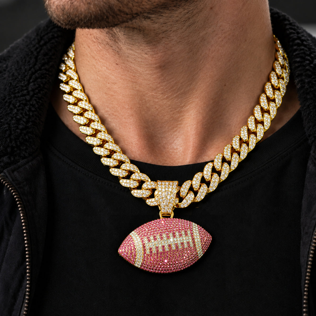 Pink American Football gold-tone rhinestone Cuban-link necklace, worn view