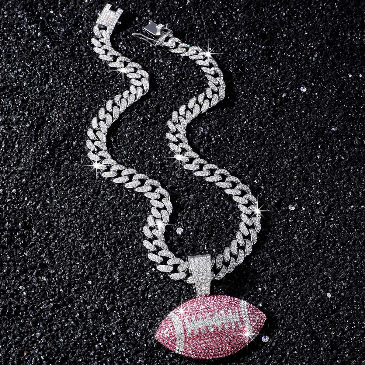 Pink American Football silver-tone rhinestone necklace