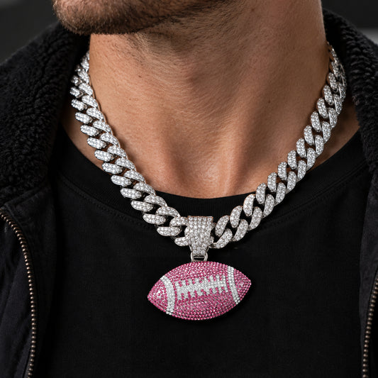 Pink American Football silver-tone rhinestone Cuban-link necklace, worn view