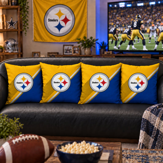Matching Pittsburgh Steelers sofa cushion covers shown in a living-room styling example