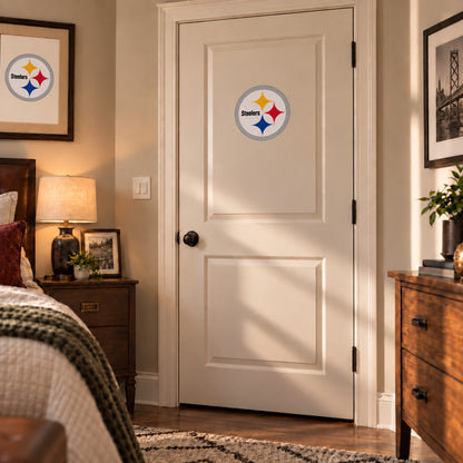 Pittsburgh Steelers decorative sticker on an interior door, corrected 29 cm proportion