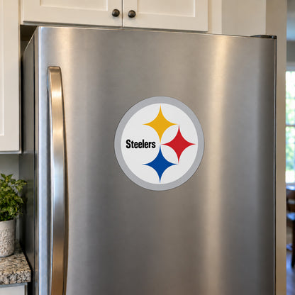 Pittsburgh Steelers decorative sticker displayed on a stainless-steel refrigerator