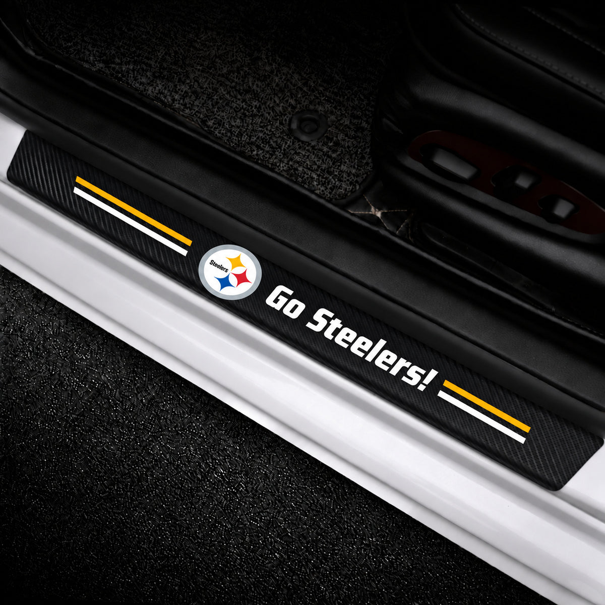 Pittsburgh Steelers car door sill protector strips — vehicle installation view