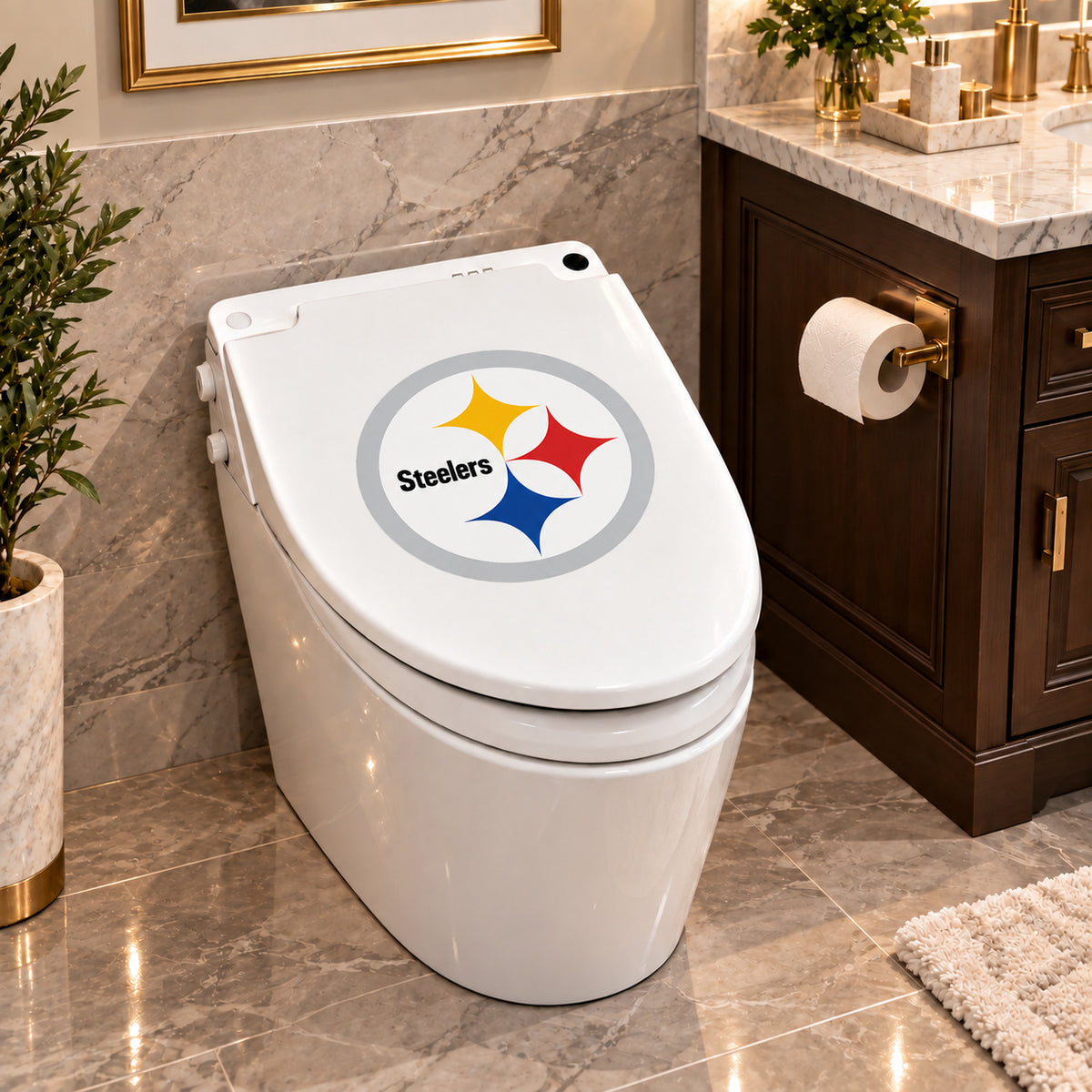 Pittsburgh Steelers decorative sticker on a closed white toilet lid in a marble bathroom