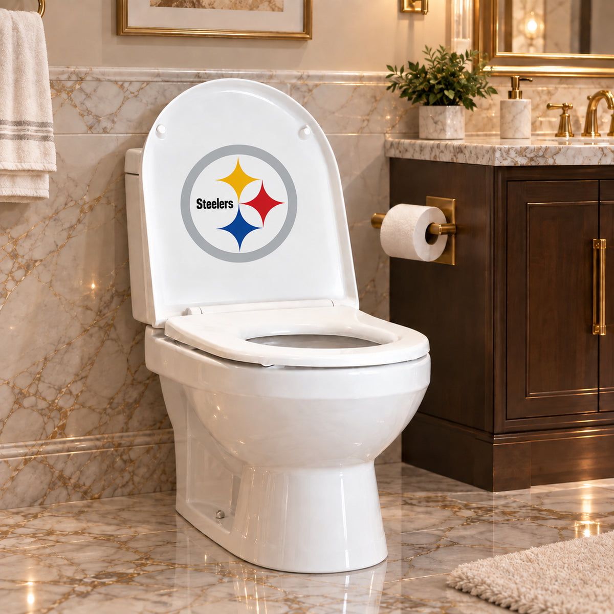 Pittsburgh Steelers decorative sticker on the inside of a white toilet lid in a marble bathroom