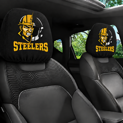 Pittsburgh Steelers car headrest cover, Style 2 illustrated mascot design, installed in car