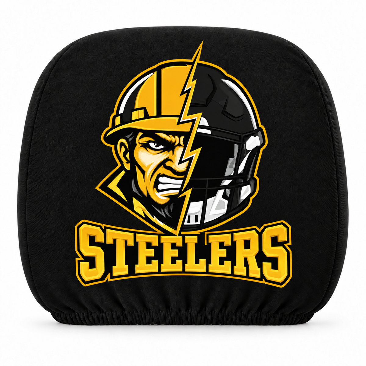 Pittsburgh Steelers car headrest cover, Style 2 illustrated mascot design, white background