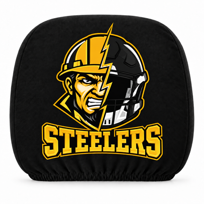 Pittsburgh Steelers car headrest cover, Style 2 illustrated mascot design, white background