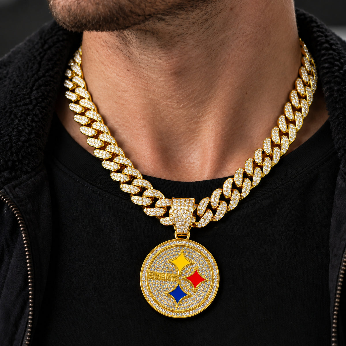 Pittsburgh Steelers gold-tone rhinestone Cuban-link necklace, worn view