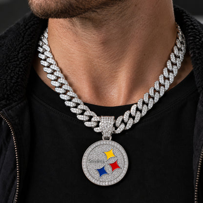 Pittsburgh Steelers silver-tone rhinestone Cuban-link necklace, worn view