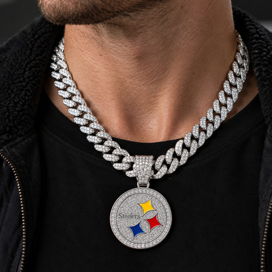 Pittsburgh Steelers silver-tone rhinestone Cuban-link necklace, worn view
