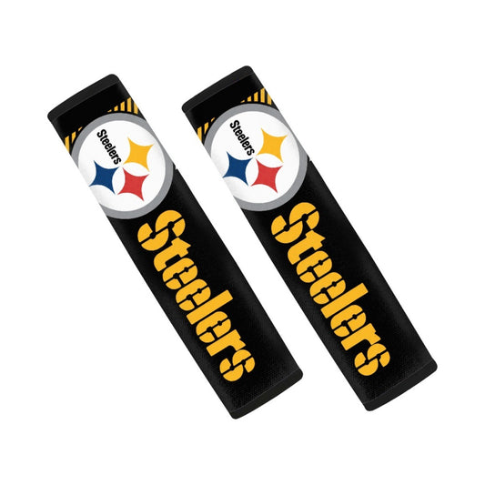 Pair of Pittsburgh Steelers seat belt and backpack shoulder strap covers on a white background