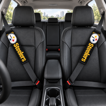 Pittsburgh Steelers car seat belt covers shown on two front seat belts