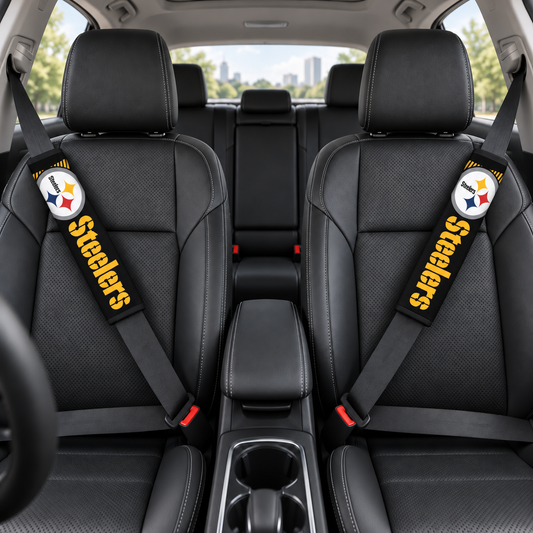 Pittsburgh Steelers car seat belt covers shown on two front seat belts