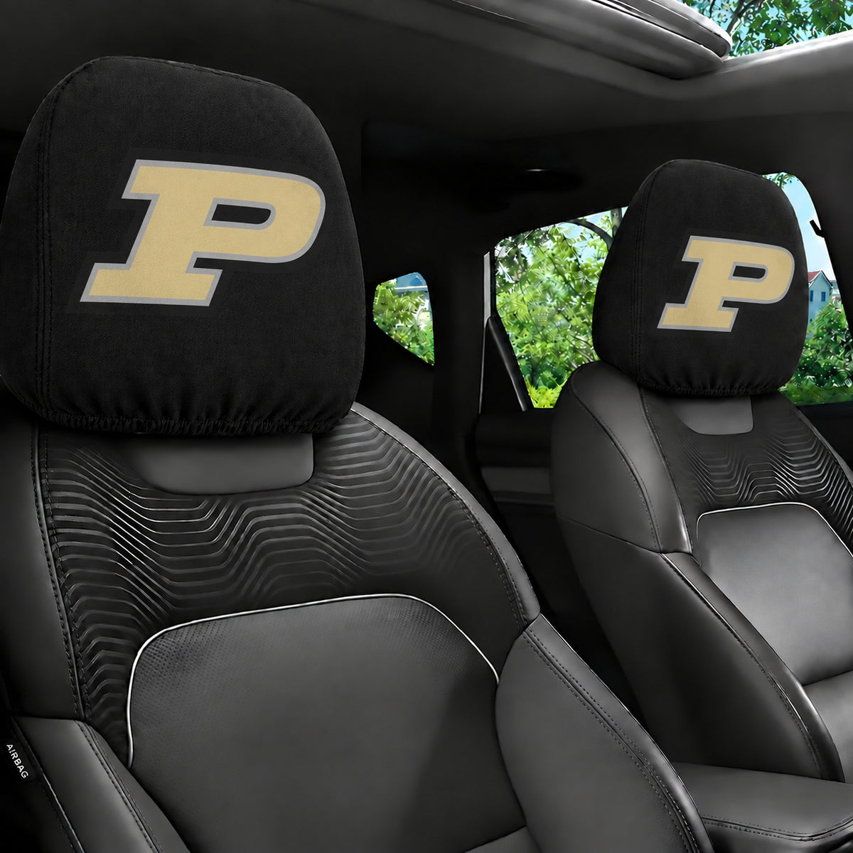 Purdue Boilermakers car headrest cover, Style 1 team design, installed in car