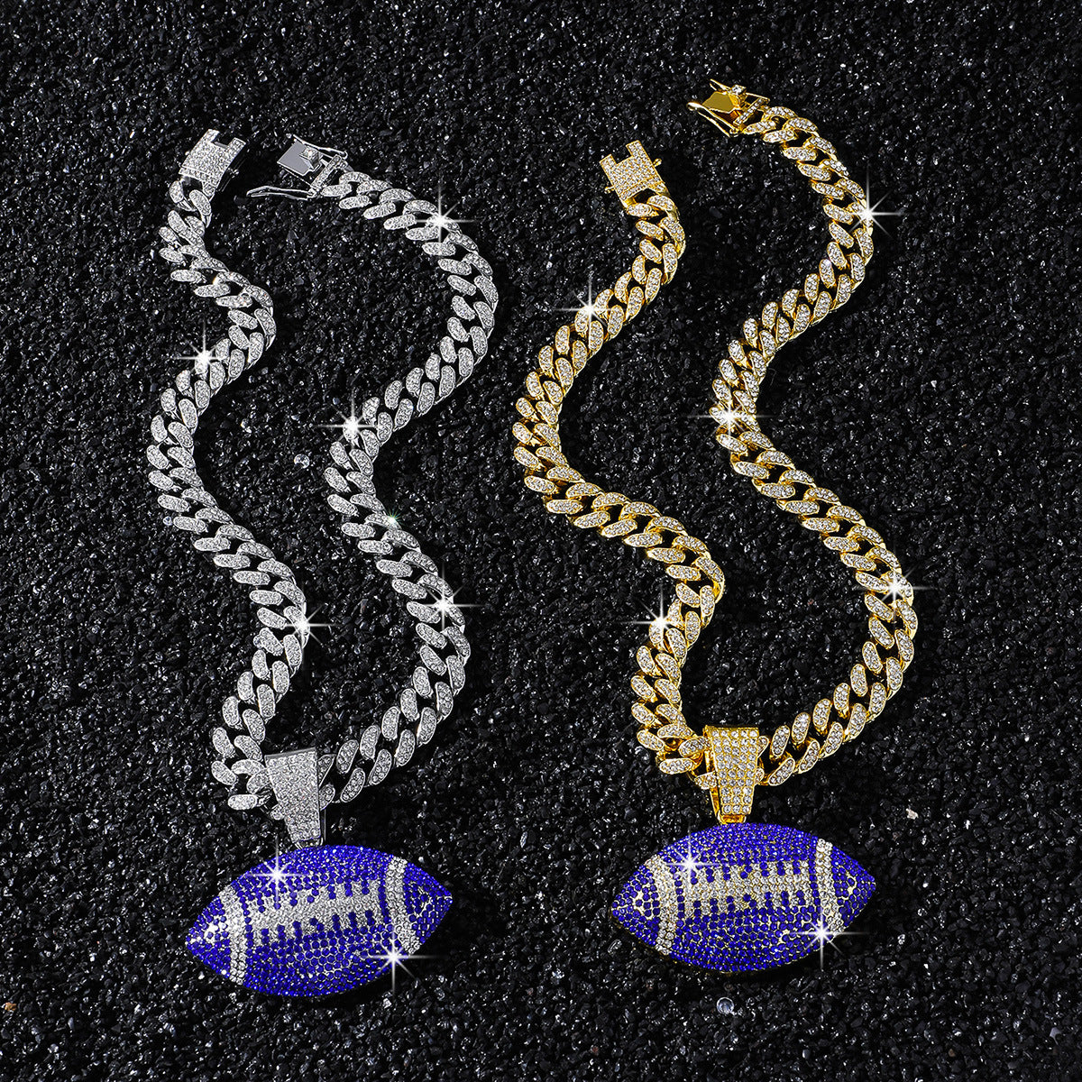 Purple American Football necklace two-color set: one silver-tone and one gold-tone necklace