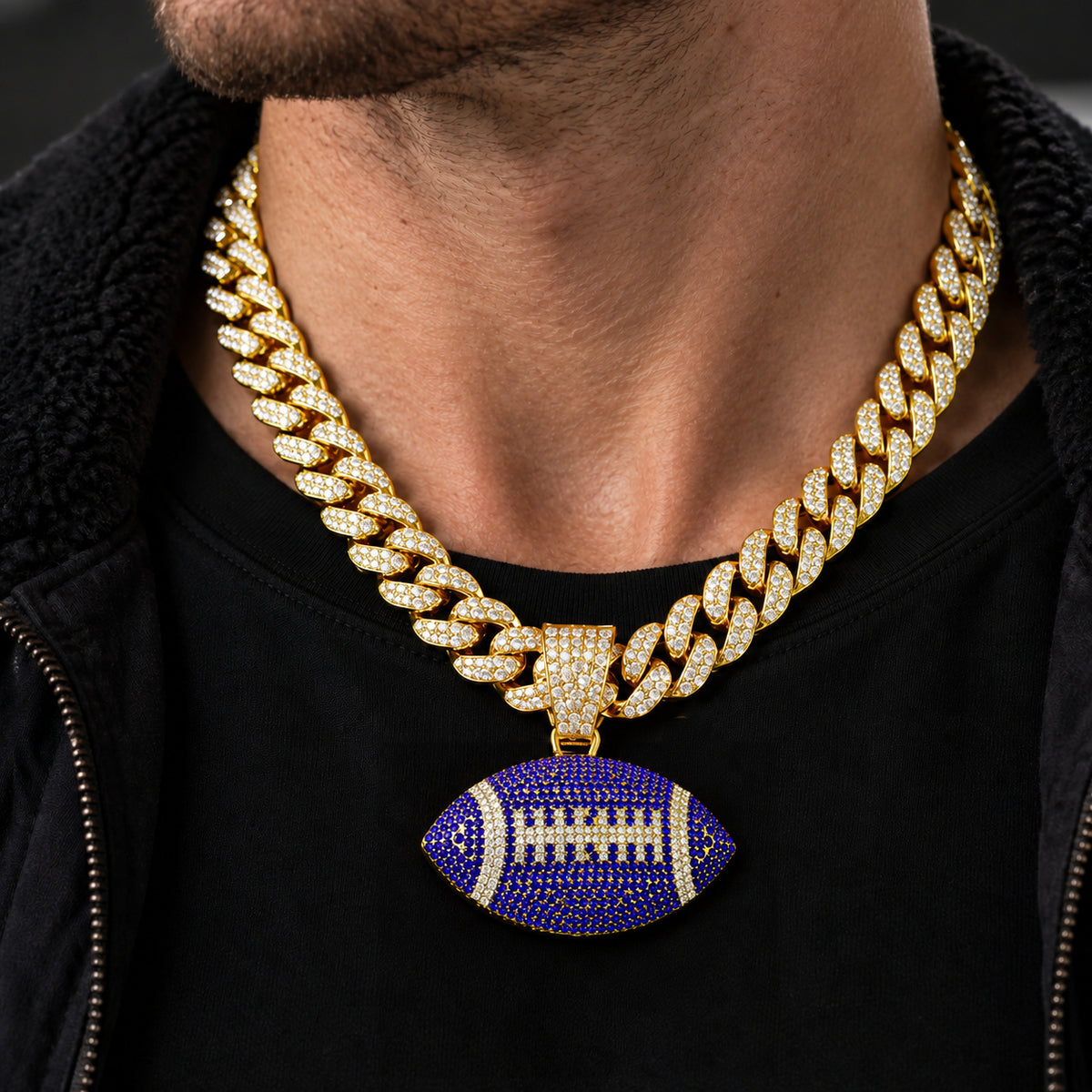 Purple American Football gold-tone rhinestone Cuban-link necklace, worn view