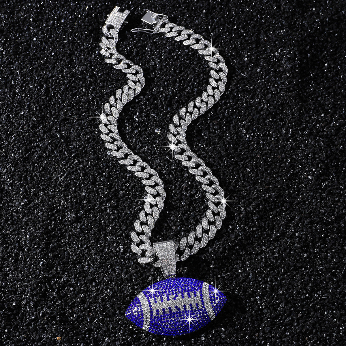 Purple American Football silver-tone rhinestone necklace