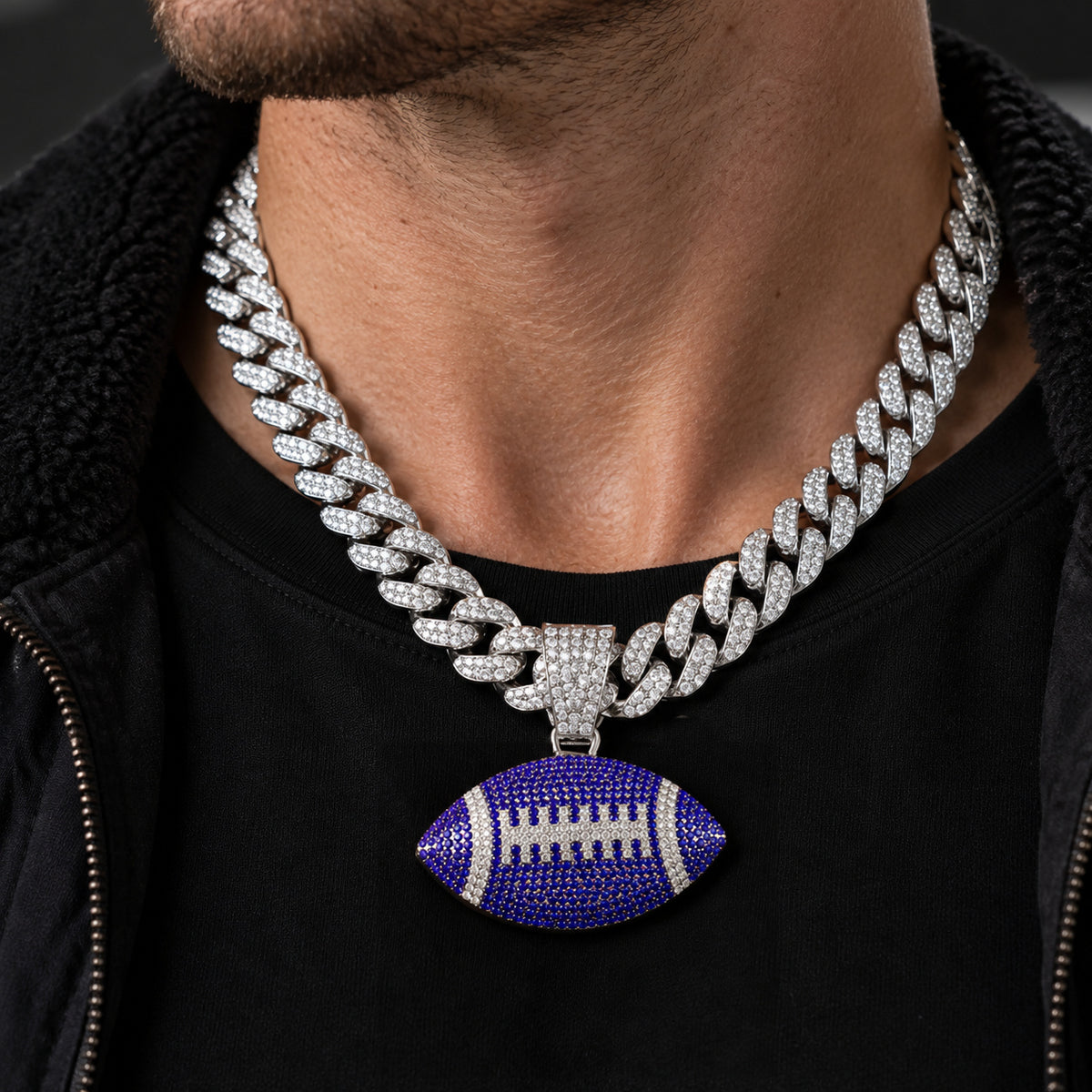 Purple American Football silver-tone rhinestone Cuban-link necklace, worn view