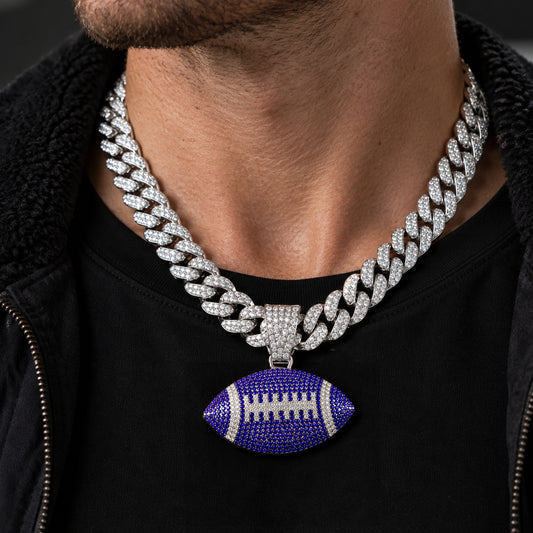 Purple American Football silver-tone rhinestone Cuban-link necklace, worn view