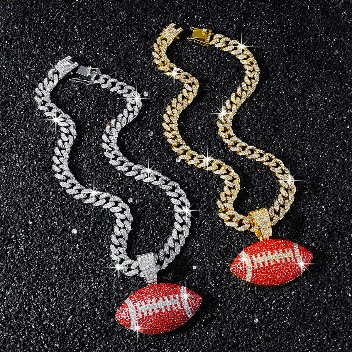 Red American Football necklace two-color set: one silver-tone and one gold-tone necklace