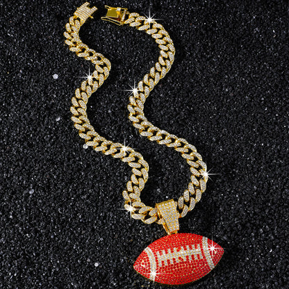 Red American Football gold-tone rhinestone necklace