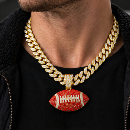 Red American Football gold-tone rhinestone Cuban-link necklace, worn view