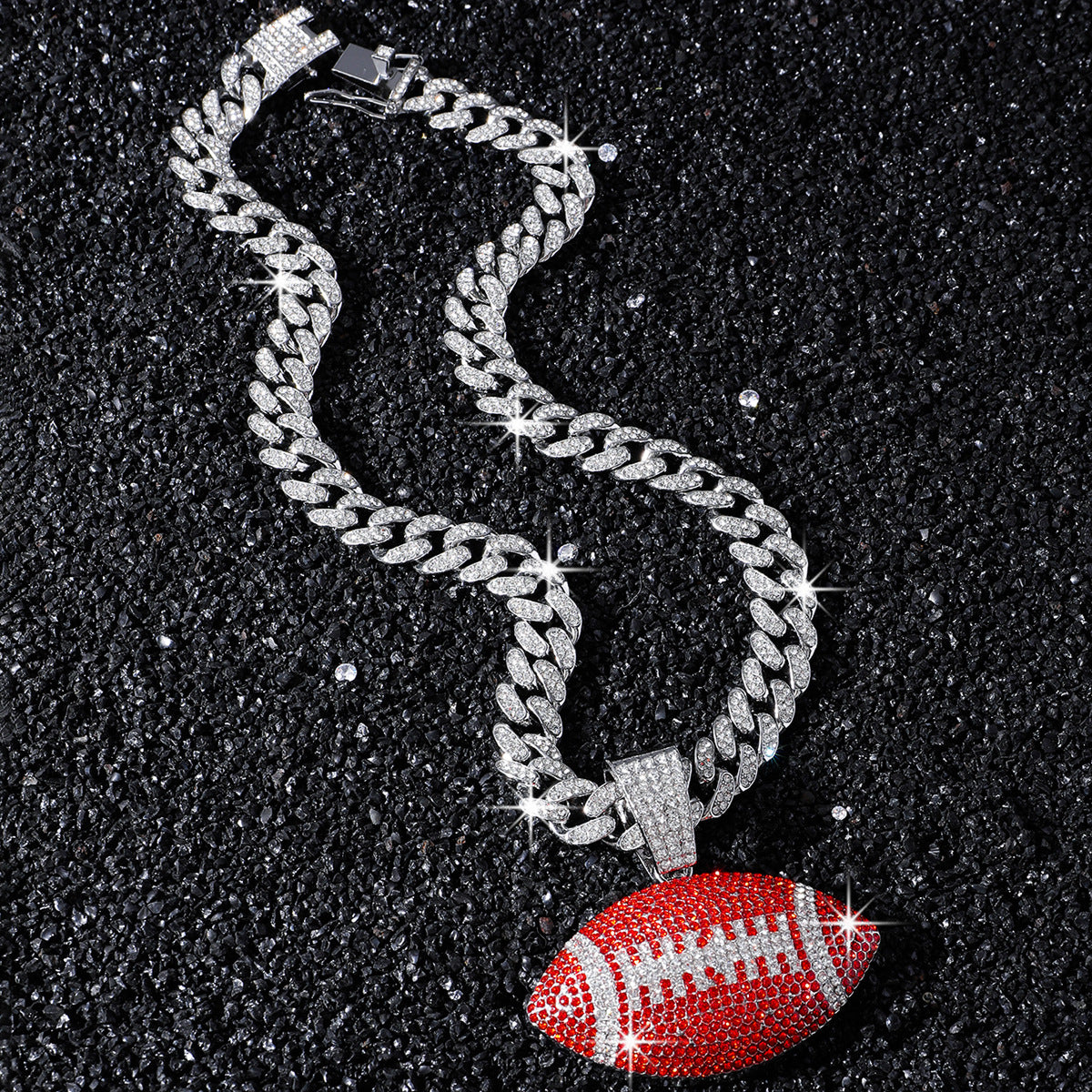 Red American Football silver-tone rhinestone necklace