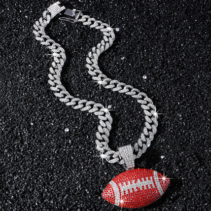Red American Football silver-tone rhinestone necklace