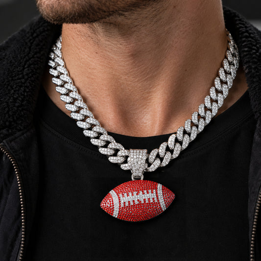 Red American Football silver-tone rhinestone Cuban-link necklace, worn view