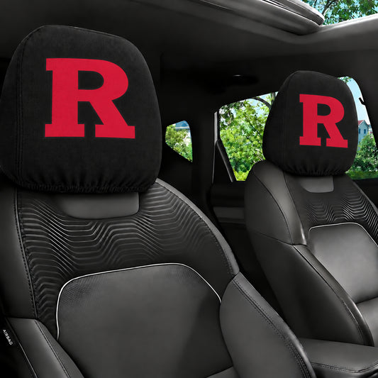 Rutgers Scarlet Knights car headrest cover, Style 1 team design, installed in car