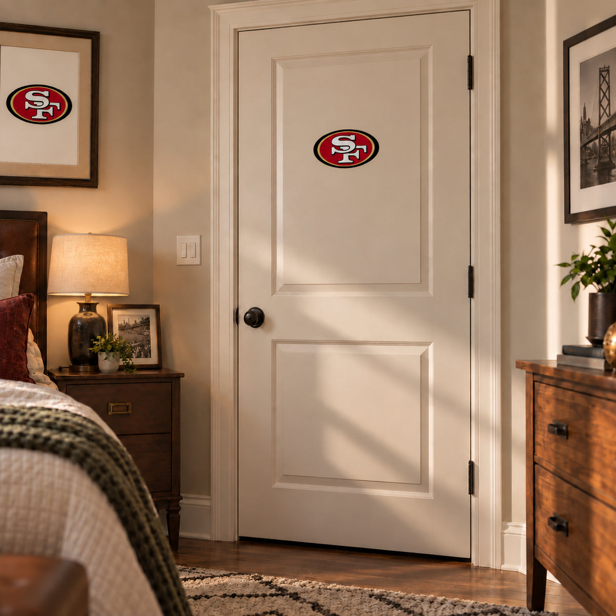 San Francisco 49ers decorative sticker on an interior door, corrected 29 cm proportion